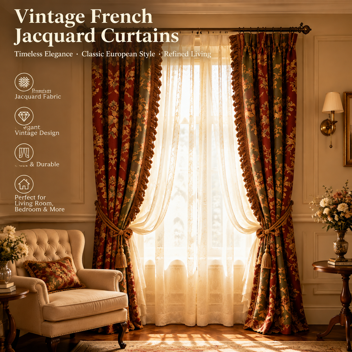 Vintage French Jacquard Curtain Set